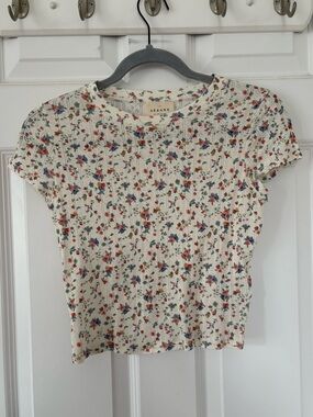Sezane Cream Ribbed Short-Sleeve Top with Multicolor Floral Print